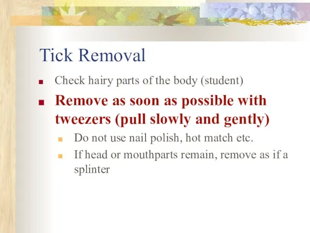 Tick Removal Check hairy parts of the body (student) Remove as