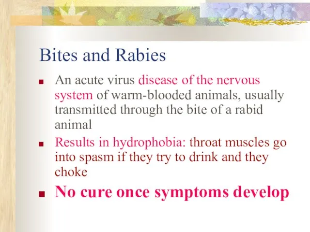 Bites and Rabies An acute virus disease of the nervous system