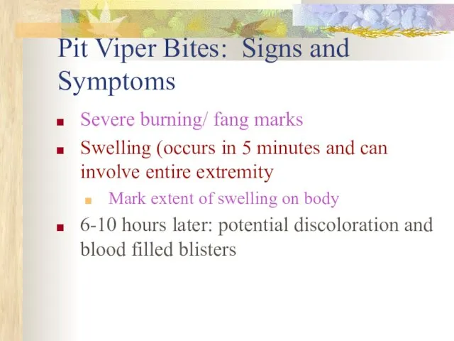 Pit Viper Bites: Signs and Symptoms Severe burning/ fang marks Swelling