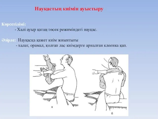 Науқастың киімін ауыстыру Көрсетілімі: - Халі ауыр қатаң төсек режиміндегі науқас.