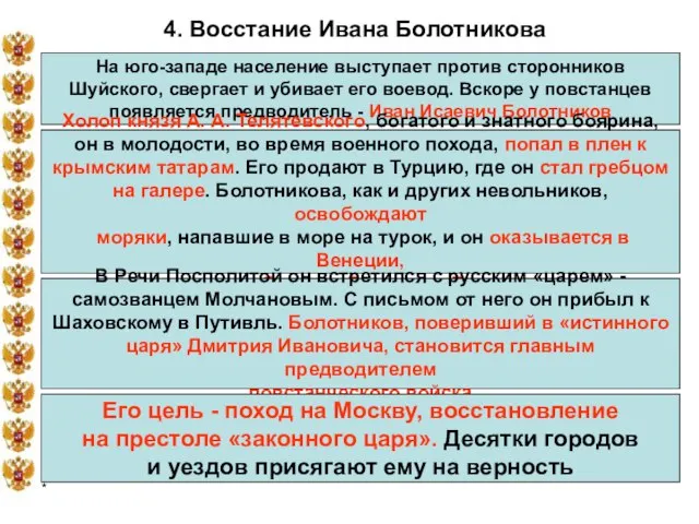 * 4. Восстание Ивана Болотникова На юго-западе население выступает против сторонников