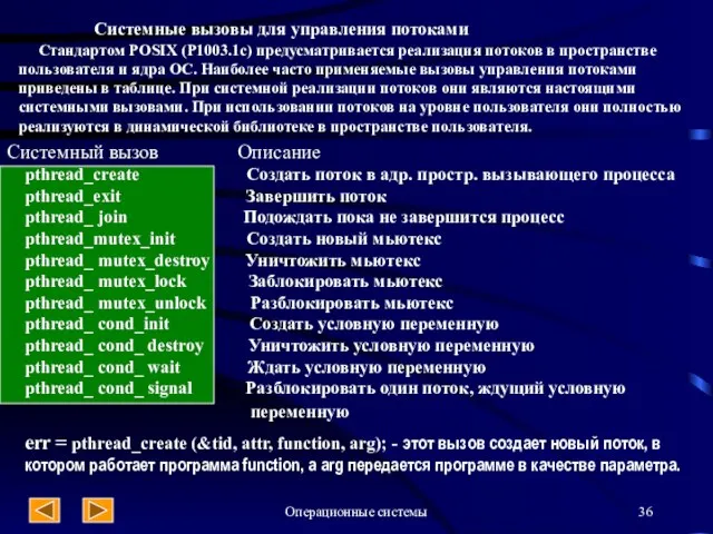 Операционные системы Системные вызовы для управления потоками Стандартом POSIX (P1003.1c) предусматривается