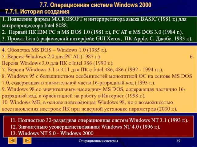 Операционные системы 7.7.1. История создания 7.7. Операционная система Windows 2000 1.