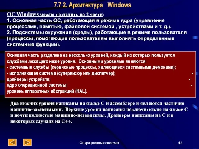 Операционные системы 7.7.2. Архитектура Windows ОС Windows можно разделить на 2