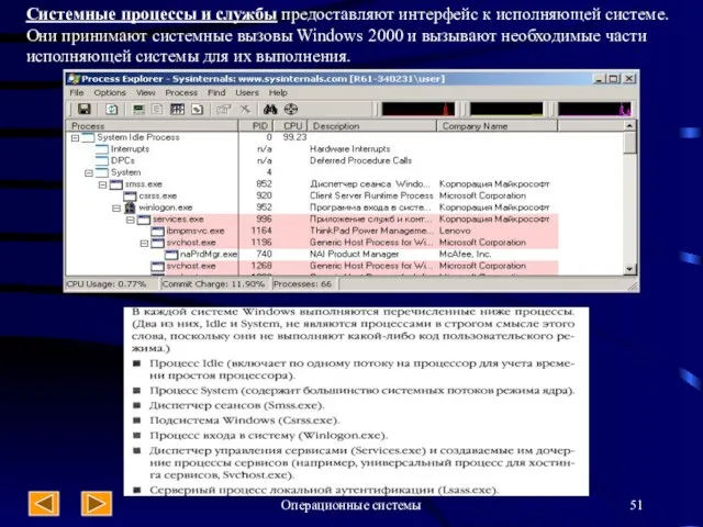 Операционные системы Системные процессы и службы предоставляют интерфейс к исполняющей системе.