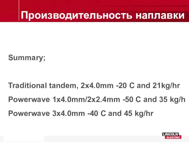 Производительность наплавки Summary; Traditional tandem, 2x4.0mm -20 C and 21kg/hr Powerwave