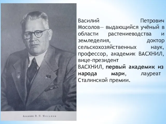 Василий Петрович Мосолов— выдающийся учёный в области растениеводства и земледелия, доктор