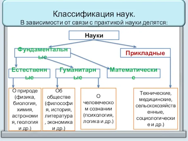 Классификация наук. В зависимости от связи с практикой науки делятся: Науки