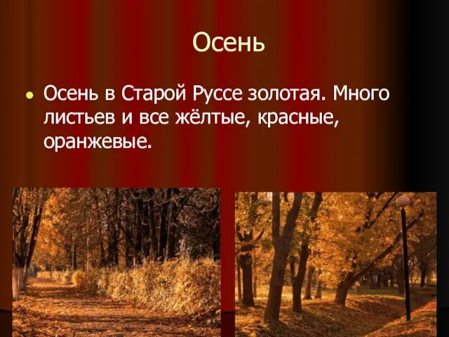 Осень Осень в Старой Руссе золотая. Много листьев и все жёлтые, красные, оранжевые.