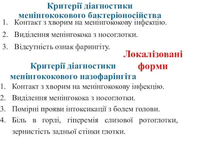 Критерії діагностики менінгококового бактеріоносійства Контакт з хворим на менінгококову інфекцію. Виділення