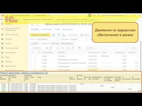 Движения по вариантам обеспечения в заказе