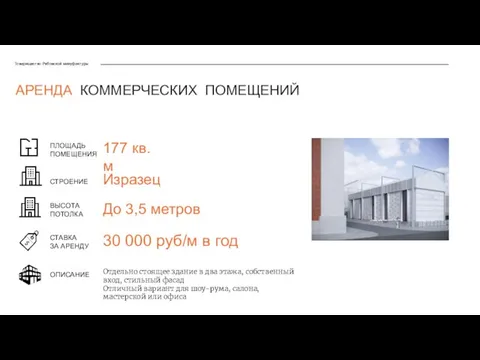 Товарищество Рябовской мануфактуры ПЛОЩАДЬ ПОМЕЩЕНИЯ СТАВКА ЗА АРЕНДУ СТРОЕНИЕ 177 кв.м