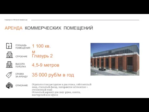 Товарищество Рябовской мануфактуры ПЛОЩАДЬ ПОМЕЩЕНИЯ СТАВКА ЗА АРЕНДУ СТРОЕНИЕ 1 100