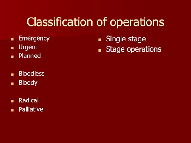 Classification of operations Emergency Urgent Planned Bloodless Bloody Radical Palliative Single stage Stage operations