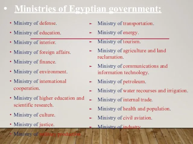 Ministry of defense. Ministry of education. Ministry of interior. Ministry of