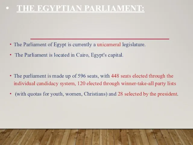 THE EGYPTIAN PARLIAMENT: The Parliament of Egypt is currently a unicameral