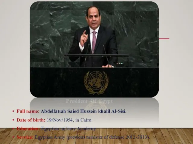 Full name: Abdelfattah Saied Hussein khalil Al-Sisi. Date of birth: 19/Nov/1954,