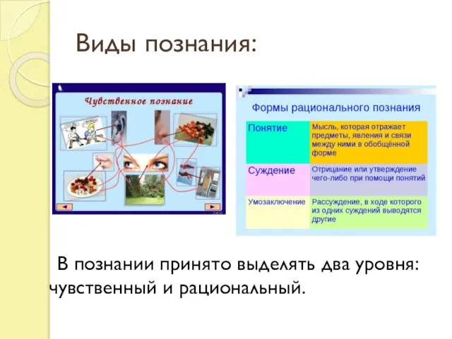 Виды познания: В познании принято выделять два уровня: чувственный и рациональный.