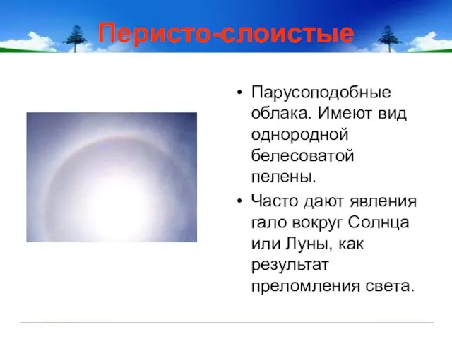 Перисто-слоистые Парусоподобные облака. Имеют вид однородной белесоватой пелены. Часто дают явления