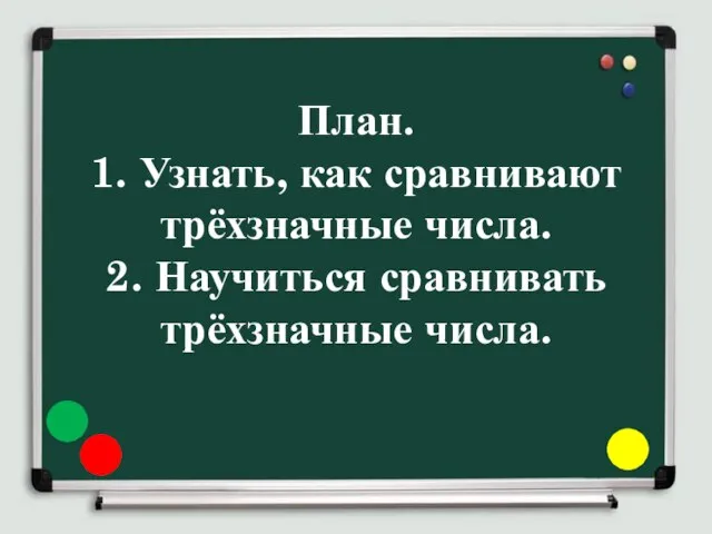 План. 1. Узнать, как сравнивают трёхзначные числа. 2. Научиться сравнивать трёхзначные числа.