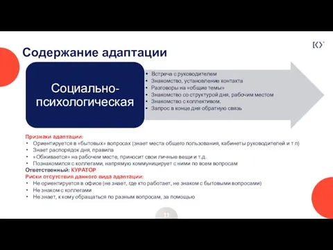 Содержание адаптации 11 Признаки адаптации: Ориентируется в «бытовых» вопросах (знает места