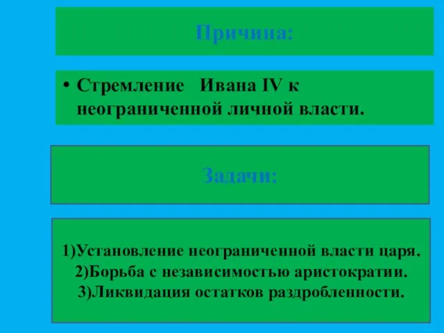 Причина: Стремление Ивана ΙV к неограниченной личной власти. Задачи: 1)Установление неограниченной