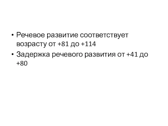 Речевое развитие соответствует возрасту от +81 до +114 Задержка речевого развития от +41 до +80