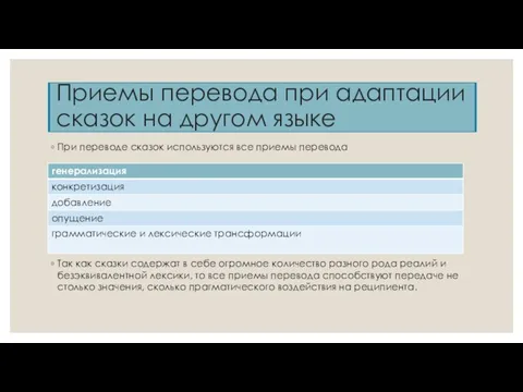 Приемы перевода при адаптации сказок на другом языке При переводе сказок