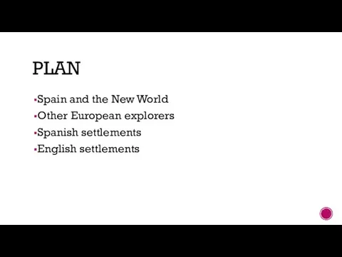 PLAN Spain and the New World Other European explorers Spanish settlements English settlements