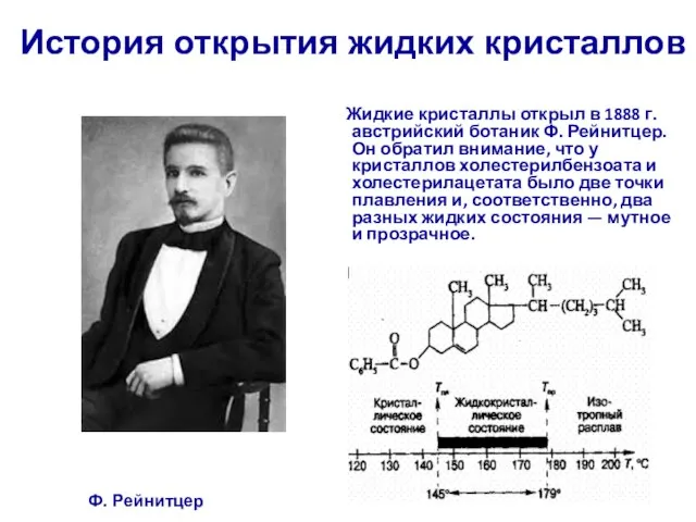 История открытия жидких кристаллов Жидкие кристаллы открыл в 1888 г. австрийский