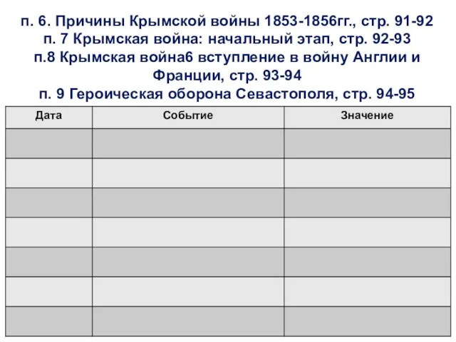 п. 6. Причины Крымской войны 1853-1856гг., стр. 91-92 п. 7 Крымская