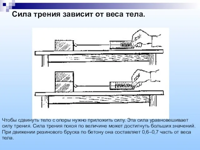 Сила трения зависит от веса тела. Чтобы сдвинуть тело с опоры