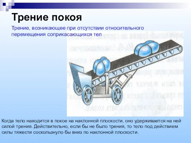 Трение покоя Когда тело находится в покое на наклонной плоскости, оно