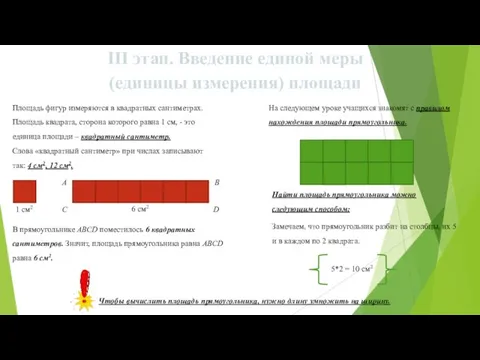 III этап. Введение единой меры (единицы измерения) площади Площадь фигур измеряются