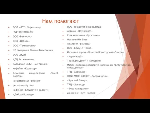 Нам помогают ООО «ЛСТК Череповец» «ОртодентПрайм» ООО «Вектор-А» ООО «Орбита» ООО