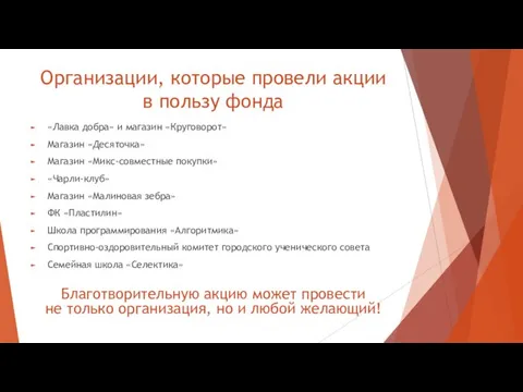 Организации, которые провели акции в пользу фонда «Лавка добра» и магазин