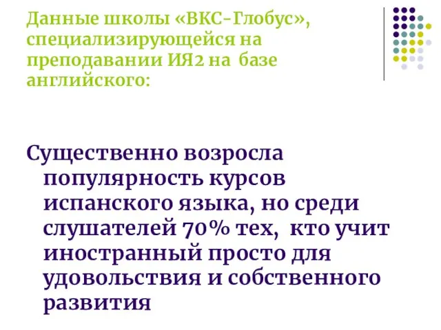 Данные школы «ВКС-Глобус», специализирующейся на преподавании ИЯ2 на базе английского: Существенно