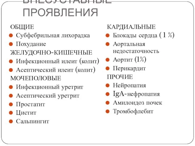 ВНЕСУСТАВНЫЕ ПРОЯВЛЕНИЯ ОБЩИЕ Субфебрильная лихорадка Похудание ЖЕЛУДОЧНО-КИШЕЧНЫЕ Инфекционный илеит (колит) Асептический