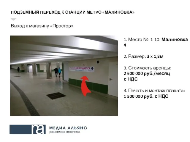 ПОДЗЕМНЫЙ ПЕРЕХОД К СТАНЦИИ МЕТРО «МАЛИНОВКА» Выход к магазину «Простор» 1.