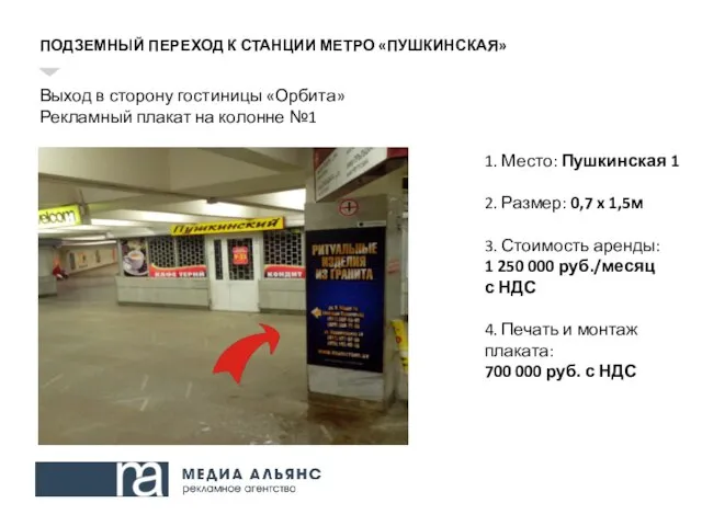 ПОДЗЕМНЫЙ ПЕРЕХОД К СТАНЦИИ МЕТРО «ПУШКИНСКАЯ» Выход в сторону гостиницы «Орбита»