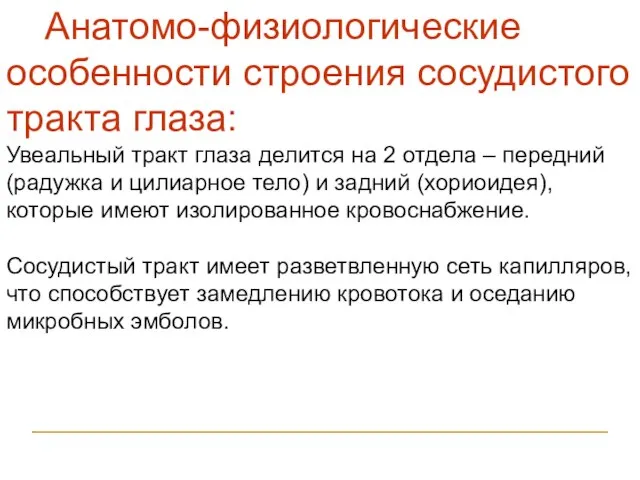 Анатомо-физиологические особенности строения сосудистого тракта глаза: Увеальный тракт глаза делится на