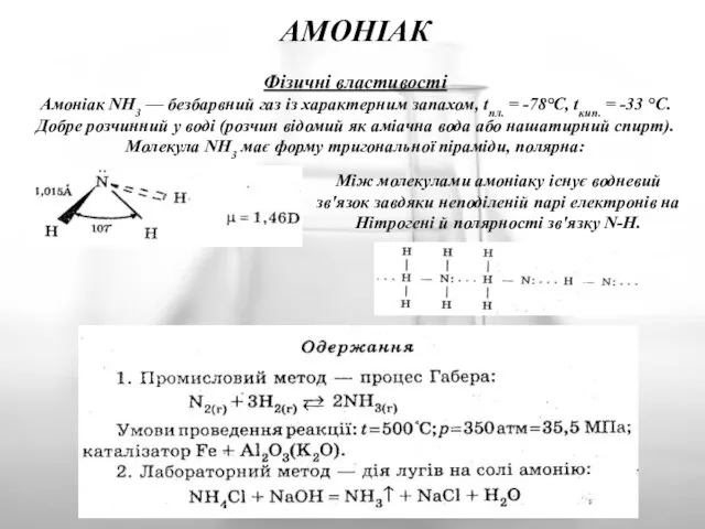 АМОНІАК Фізичні властивості Амоніак NH3 — безбарвний газ із характерним запахом,