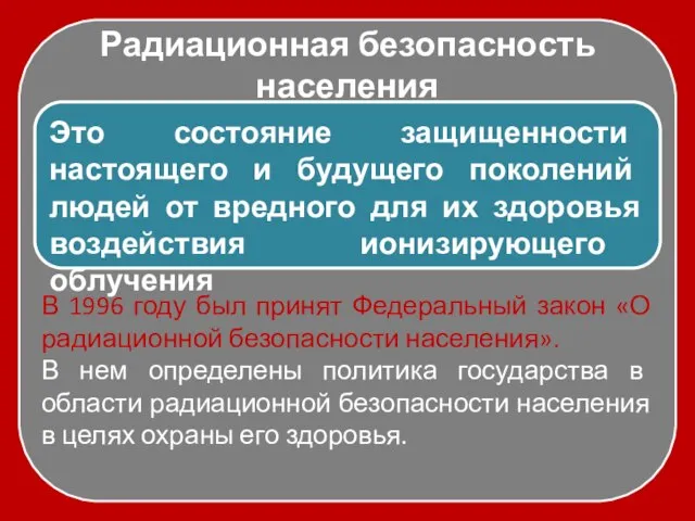 Радиационная безопасность населения Это состояние защищенности настоящего и будущего поколений людей