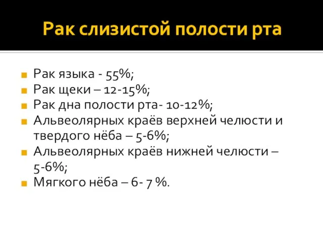 Рак слизистой полости рта Рак языка - 55%; Рак щеки –