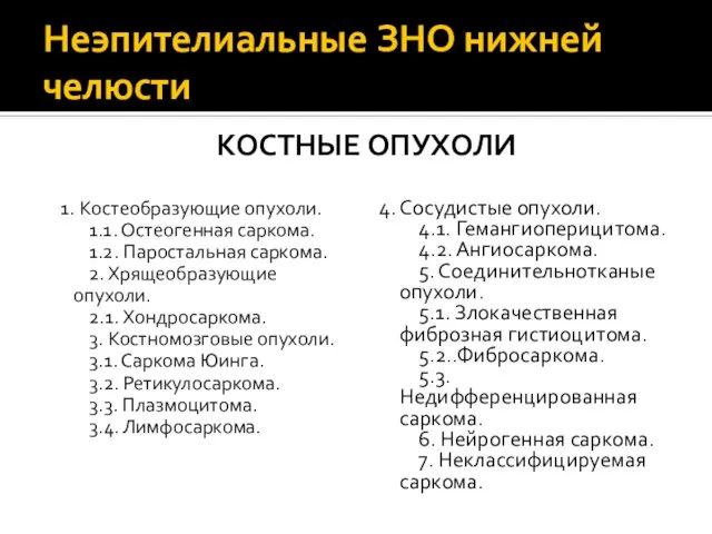 Неэпителиальные ЗНО нижней челюсти КОСТНЫЕ ОПУХОЛИ 1. Костеобразующие опухоли. 1.1. Остеогенная