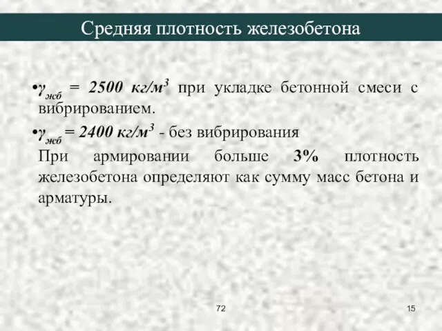 Средняя плотность железобетона γжб = 2500 кг/м3 при укладке бетонной смеси