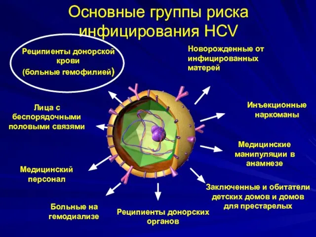 Реципиенты донорской крови (больные гемофилией) Лица с беспорядочными половыми связями Медицинский