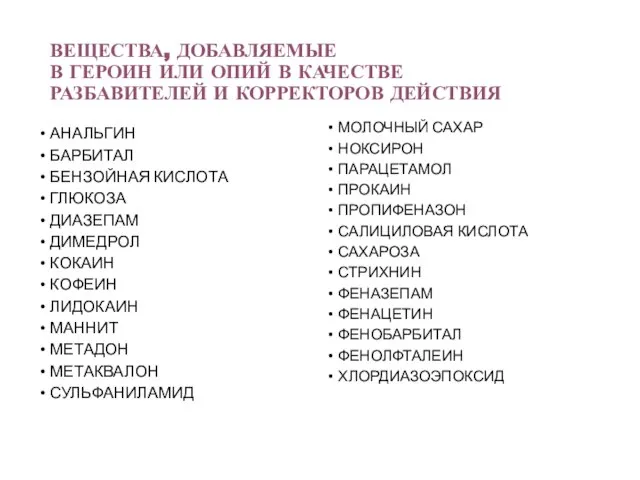 ВЕЩЕСТВА, ДОБАВЛЯЕМЫЕ В ГЕРОИН ИЛИ ОПИЙ В КАЧЕСТВЕ РАЗБАВИТЕЛЕЙ И КОРРЕКТОРОВ