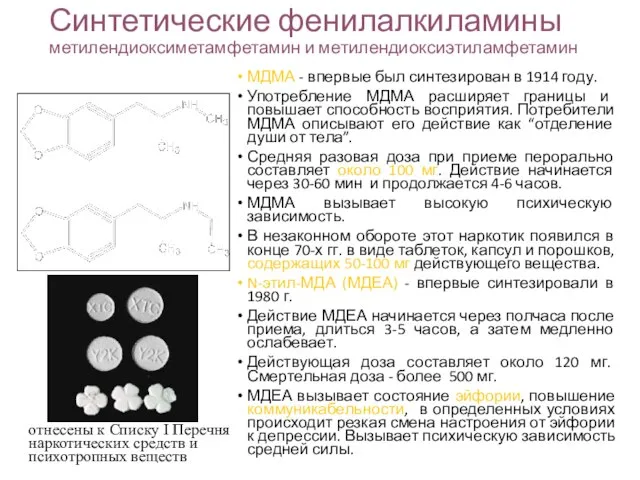 Синтетические фенилалкиламины метилендиоксиметамфетамин и метилендиоксиэтиламфетамин МДМА - впервые был синтезирован в