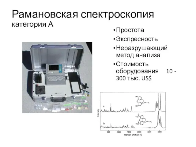 Рамановская спектроскопия категория А Простота Экспресность Неразрушающий метод анализа Стоимость оборудования 10 - 300 тыс. US$